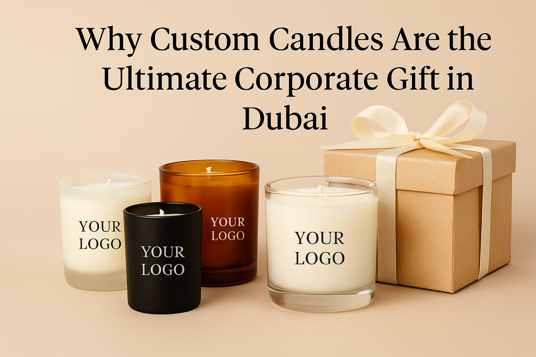 Banner showing custom soy candles in various glass jars labeled “Your Logo”, alongside a gift box with ribbon. Text reads: Why Custom Candles Are the Ultimate Corporate Gift in Dubai