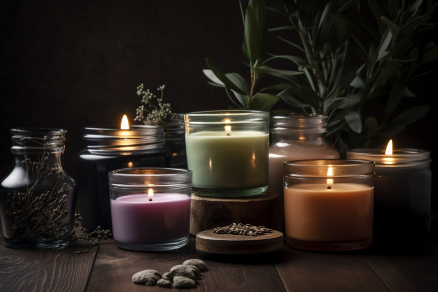 A photo of various soy scented candles in different containers, such as glass jars, metal tins, and ceramic vessels