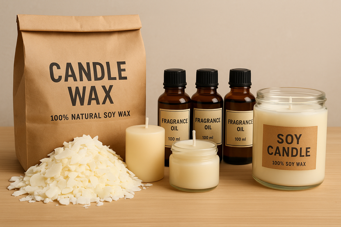 Eco-friendly soy candle wax flakes, fragrance oils, and handmade soy candles arranged neatly on a wooden table, ideal for candle making and bulk purchases.