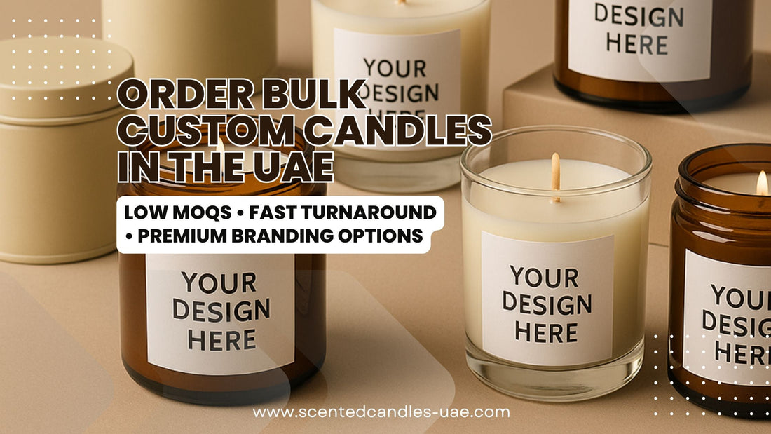 Flat-lay of custom-branded soy candles in amber, frosted, and matte black jars arranged with packaging supplies and sample scent strips — representing bulk custom candle ordering and private label production in the UAE for corporate gifting and events.