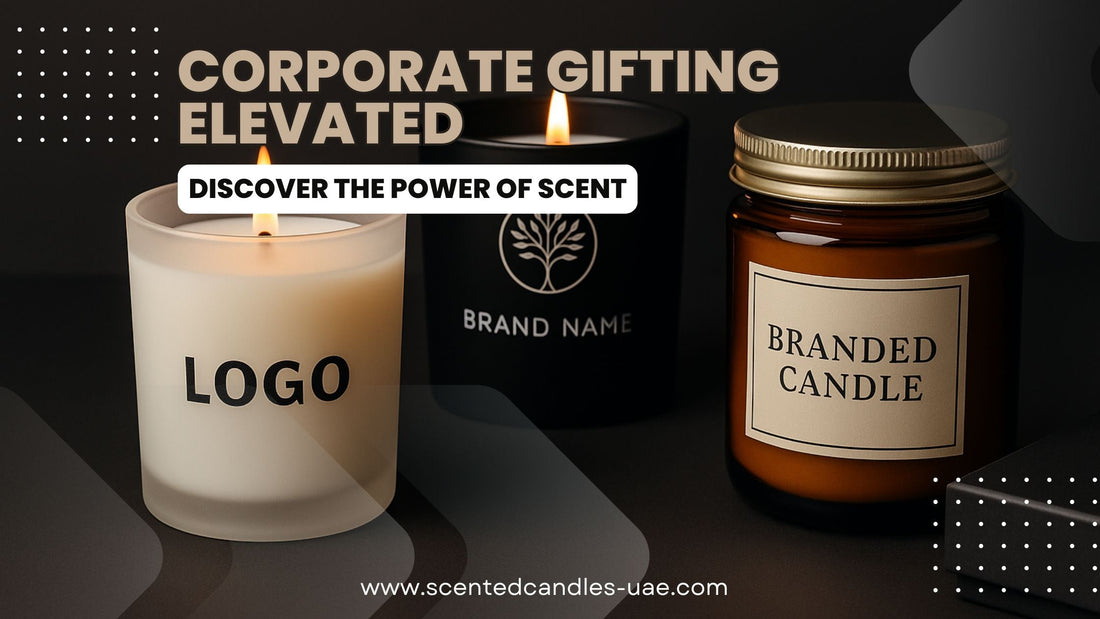 Studio-shot of three luxury custom-branded soy candles in frosted, matte black, and amber jars, arranged on a beige backdrop with soft shadows — ideal for premium corporate gifting in Dubai and the UAE