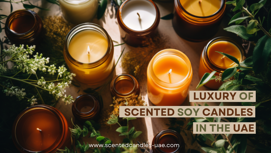 Flat lay of various scented soy candles in amber glass jars, eco-friendly elements like leaves and recycled materials, Luxury of Scented Soy Candles in the UAE