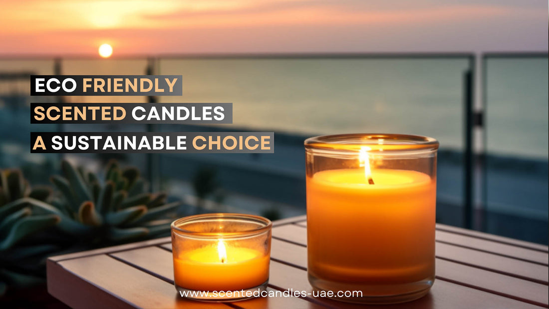 two eco friendly candles at sunset on a wooden table, in the style of serene oceanic vistas, light orange and yellow, atmospheric urbanscapes by happahee soy wax