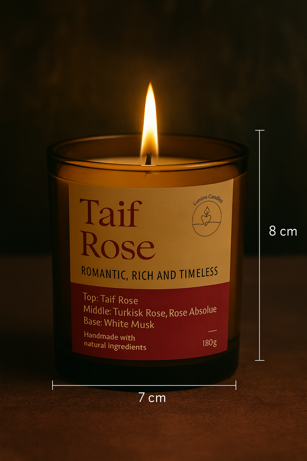 Taif Rose – Soy Candle 180g in Amber Glass Jar (Wooden Lid)