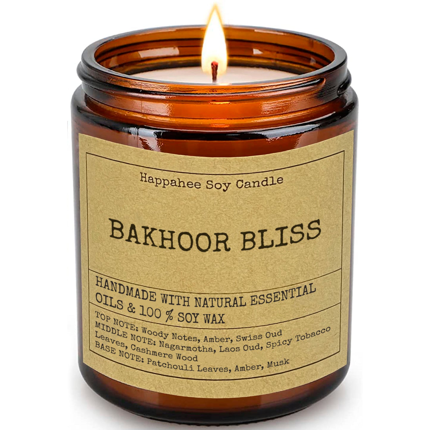 Bakhoor Bliss Scented Candle by Happahee Candles - Luxurious Blend of Swiss Oud, Amber, Tobacco Leaves, and Musk for a Sophisticated Atmosphere