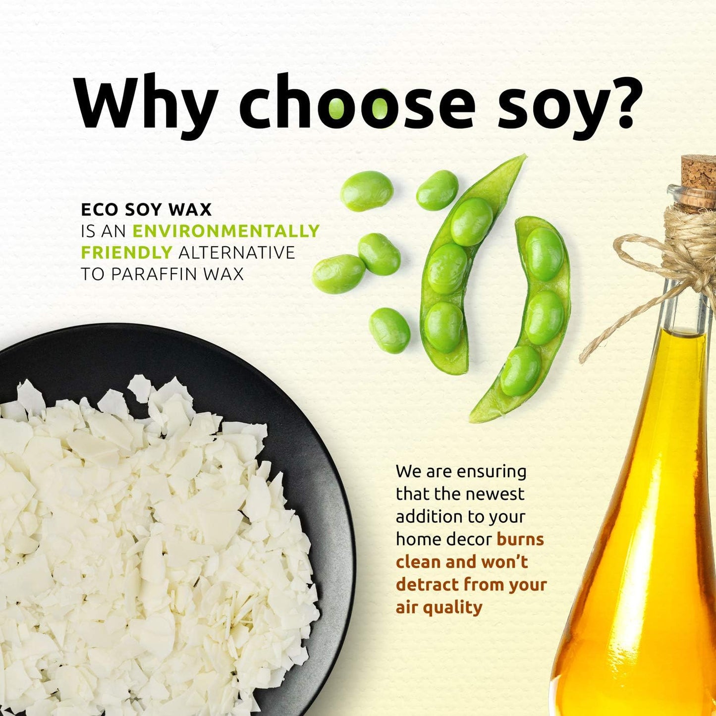 Benefits of Soy Wax: Eco-friendly, Clean-burning, Non-toxic, Renewable, Biodegradable, Long-lasting, Enhanced Fragrance Release, Minimal Soot, Easy Cleanup