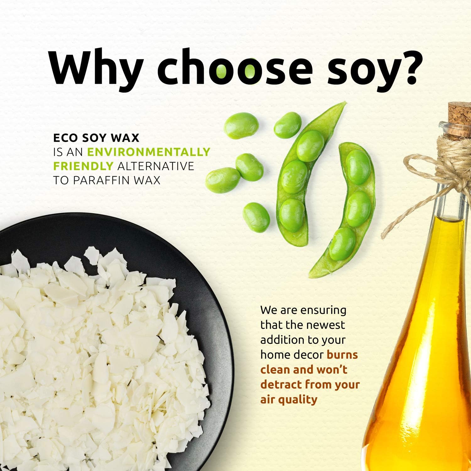 Benefits of Soy Wax: Eco-friendly, Clean-burning, Non-toxic, Renewable, Biodegradable, Long-lasting, Enhanced Fragrance Release, Minimal Soot, Easy Cleanup
