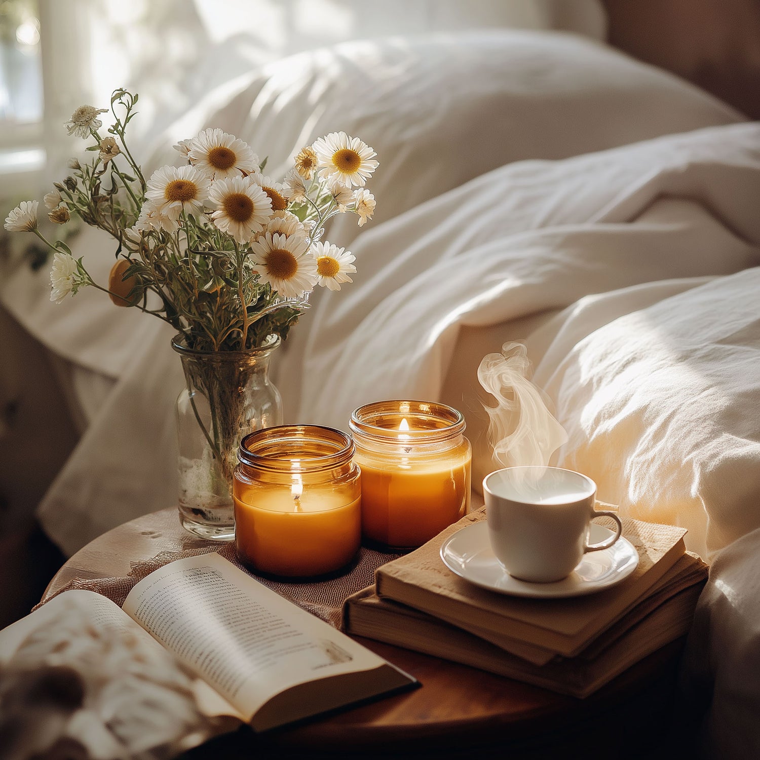 Relaxing soy candles in amber jars on a cozy bedside table, surrounded by daisies, a steaming cup of tea, and an open book, creating a serene ambiance for stress relief and meditation. Perfect eco-friendly candles for relaxation, available at scentedcandles-uae.com.