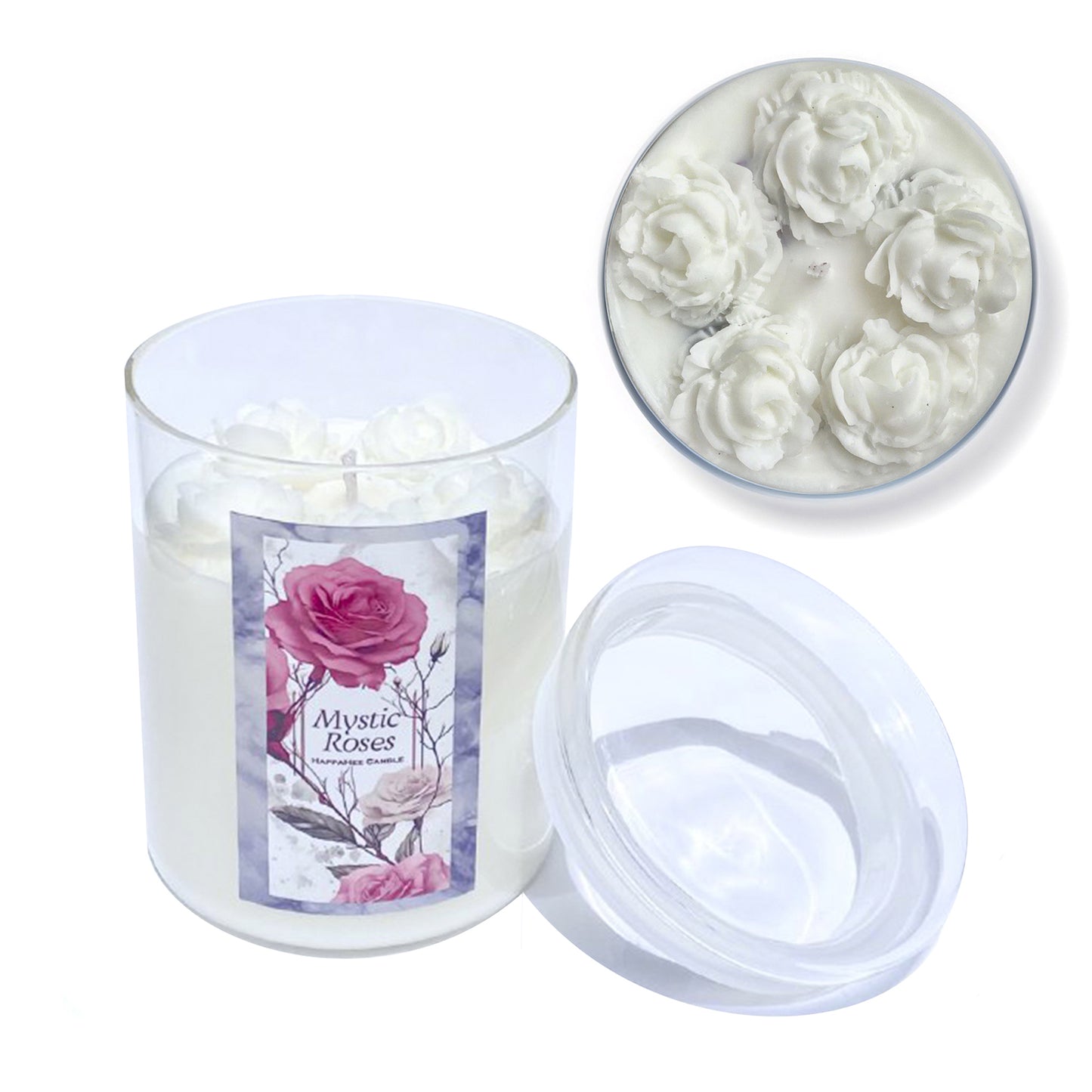 Large soy wax candle in glass jar - Mystic Rose with wax rose on the top. Brand: Happahee Candles. Website: scentedcandles-uae.com