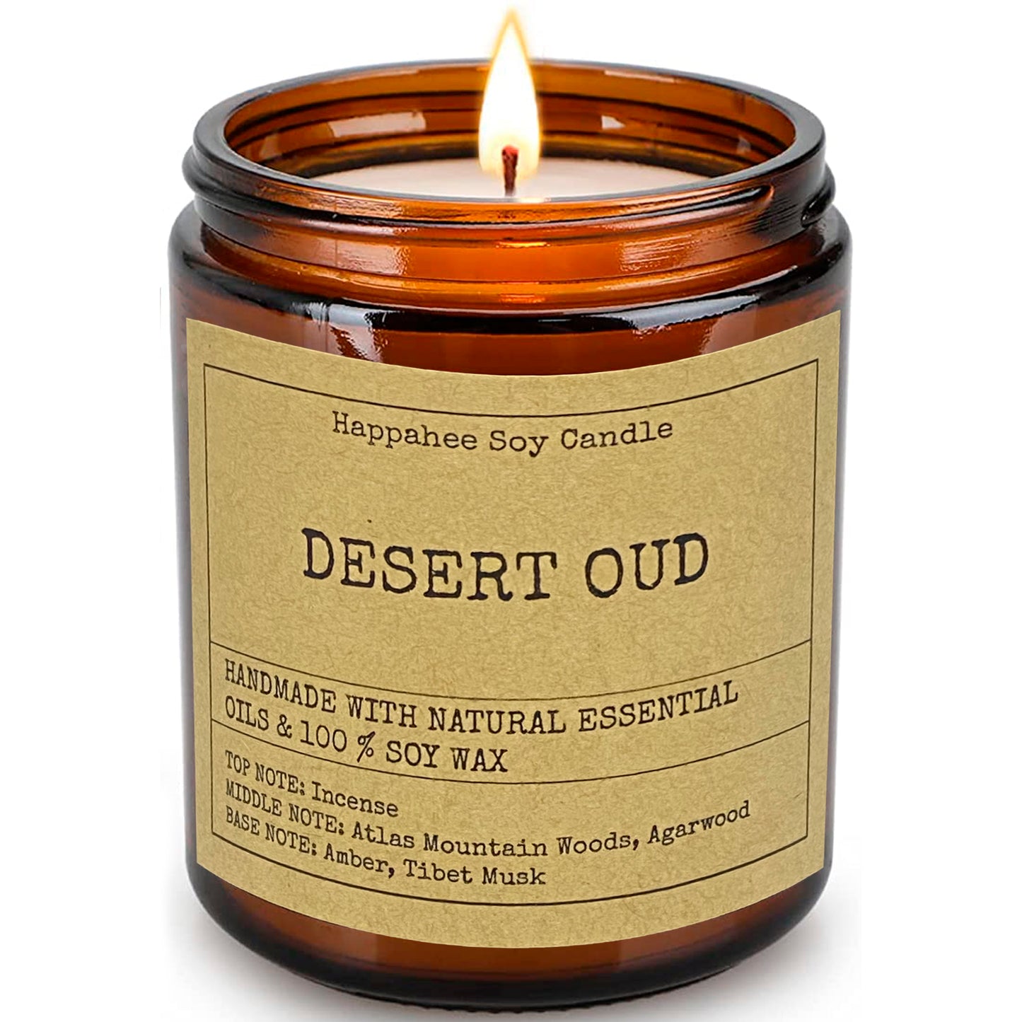 Desert Oud Eco-Scented Soy Candle in Amber Glass Jar - Happahee