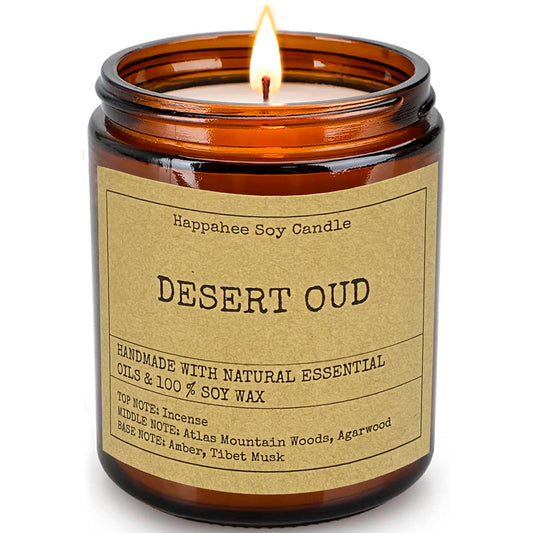 Desert Oud Eco-Scented Soy Candle in Amber Glass Jar - Happahee