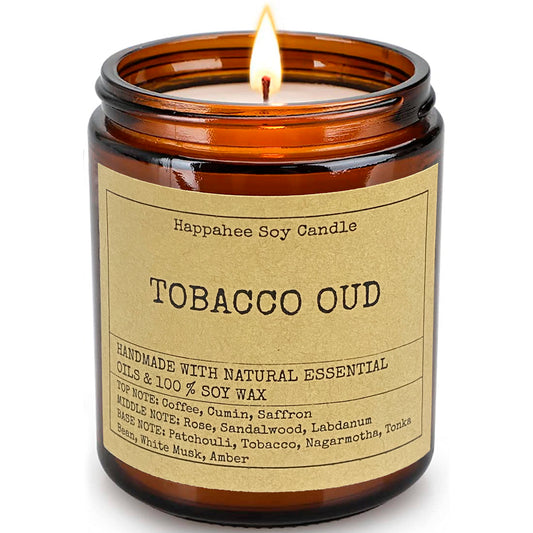 Eco-Scented Soy Candle in Amber Glass Jar - Tobacco Oud Fragrance, Hand-Poured in Dubai, UAE
