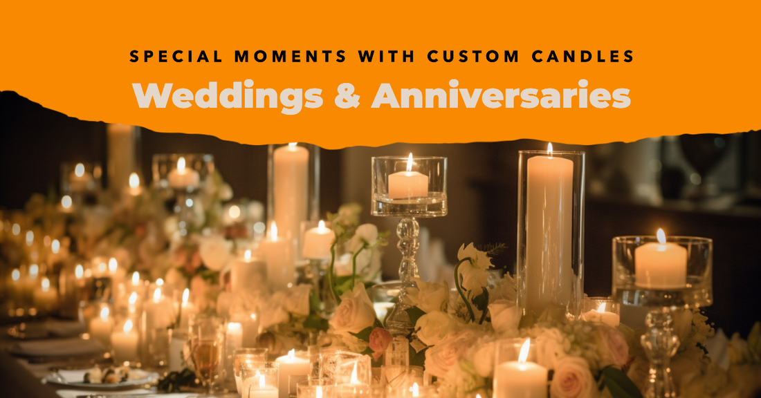 A beautifully arranged table with custom candles for a wedding or anniversary celebration.