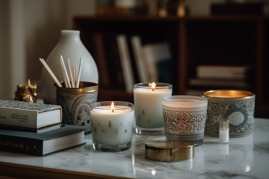 A collection of luxury scented candles on a marble countertop in a stylish Dubai home