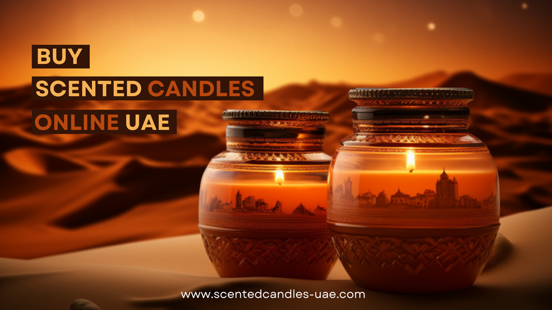 Amber jar scented candles glowing amidst the vast UAE desert.
