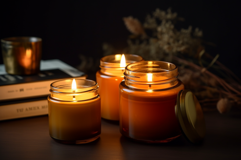 Scented candles in amber glass jars enhancing modern home décor with warmth and inviting fragrances