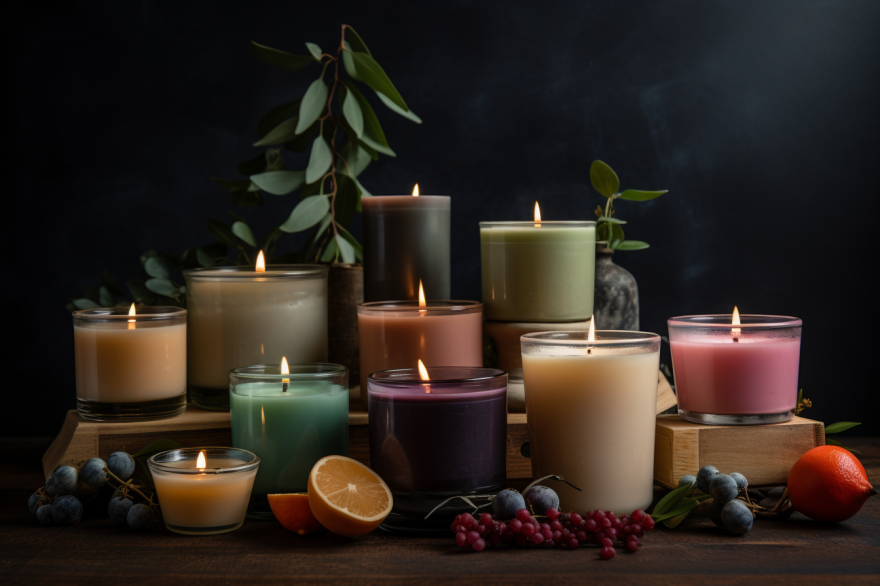 A collection of beautifully crafted soy wax candles in various colors and sizes, offering a sustainable and eco-friendly alternative to traditional wax candles.
