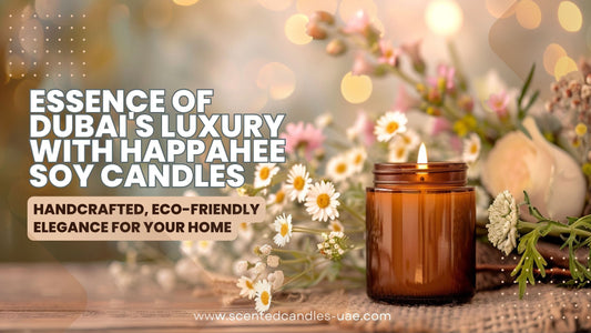 Elegant amber glass jar of Happahee Soy Candle on a serene Dubai home decor background, highlighting the eco-friendly and handmade nature of luxury scented candles.
