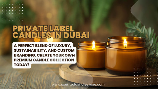 Elegant private label candles in Dubai, displayed in amber glass jars with a warm glow. Showcasing luxury branding, eco-friendly soy wax, and premium packaging.