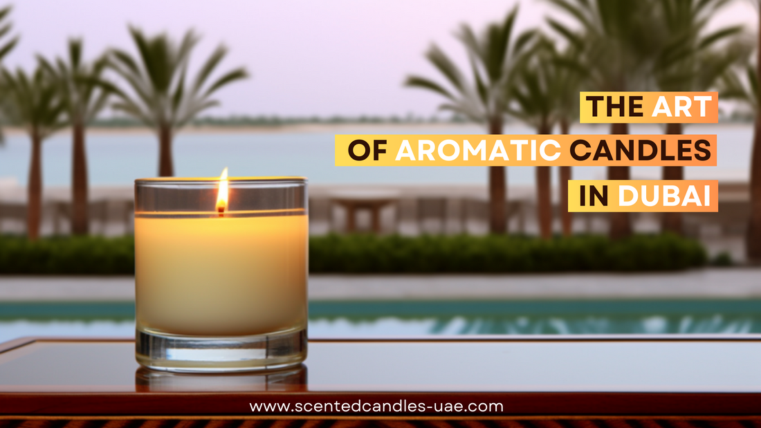 aromatic candles on a table with palm trees backdrop in Palm Jumeirah, Dubai.