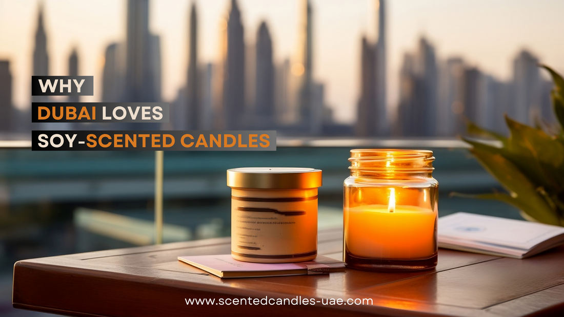 amber glass jar soy scented candle with book on a table, Dubai views. happahee candles