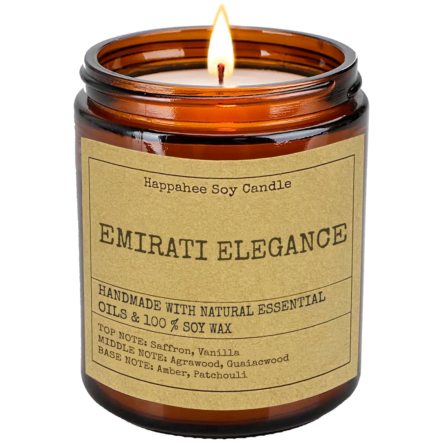 Handcrafted Emirati Elegance soy candle in an elegant amber glass jar, showcasing the natural and luxurious look of the candle.