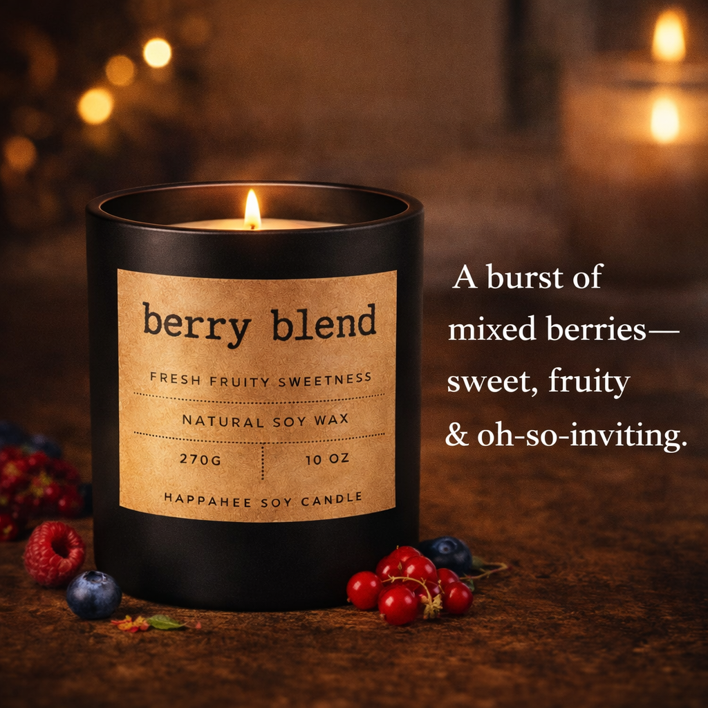 Berry Blend candle lit in black jar with berries, warm ambient background, text describing burst of mixed berries aroma.