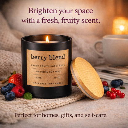 Berry Blend soy candle with wooden lid and fresh berries on cozy knit blanket, home decor self-care gift vibe.