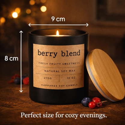 Berry Blend soy wax candle in black jar with wooden lid, showing dimensions 9 cm wide and 8 cm tall, cozy background.