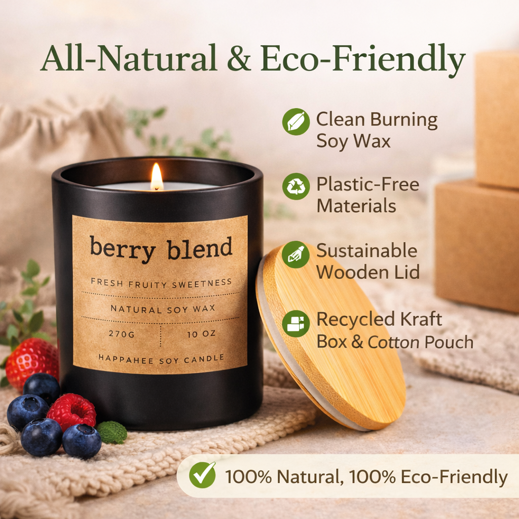 Berry Blend soy wax candle with wooden lid and berries, graphic highlighting clean-burning soy wax and eco-friendly packaging.