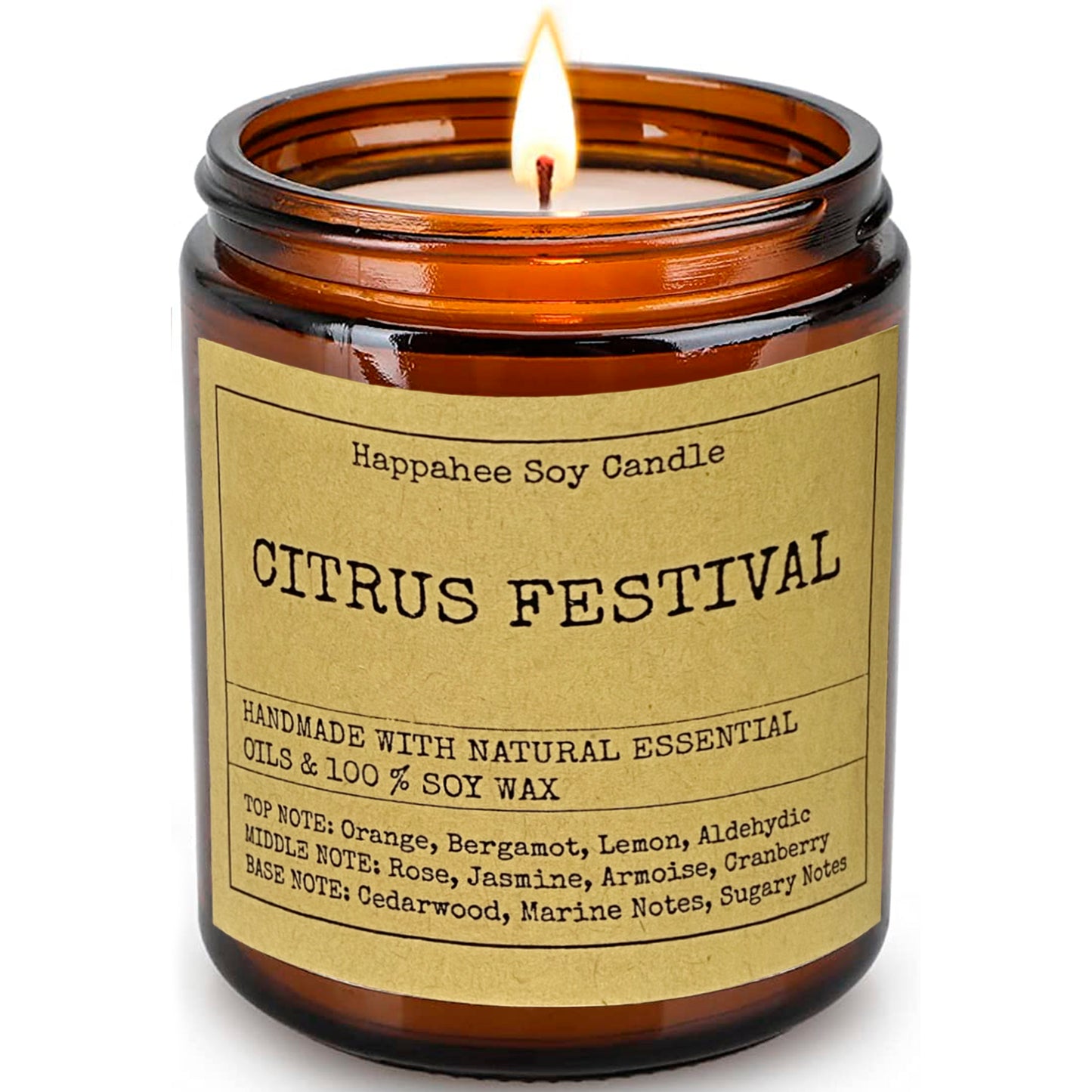 Citrus Festival Scented Candle by Happahee Candles - Fresh and Uplifting Blend of Orange, Bergamot, Jasmine, Cedarwood, and Marine Notes