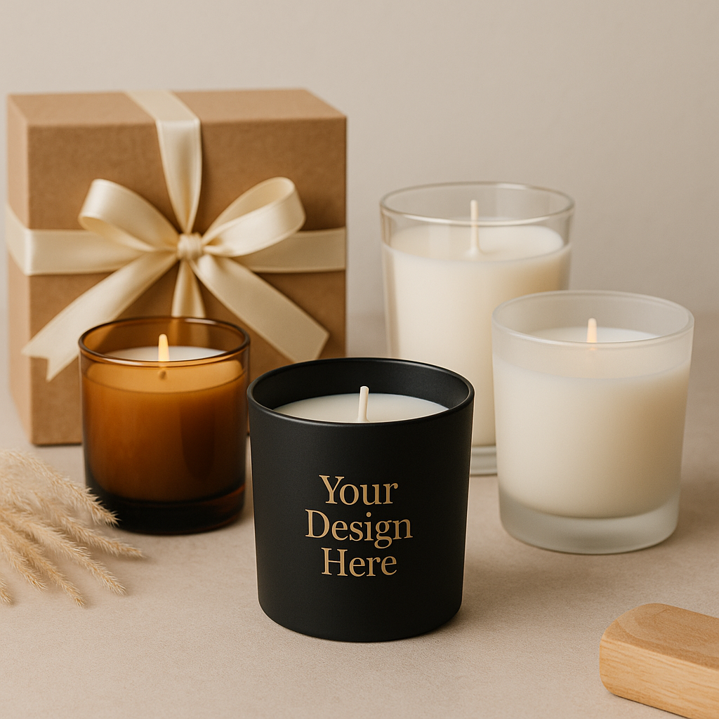 Custom private label soy candles in glass jars with gift box – ideal for corporate gifting in Dubai. Includes black matte, amber, frosted, and clear glass candle designs.