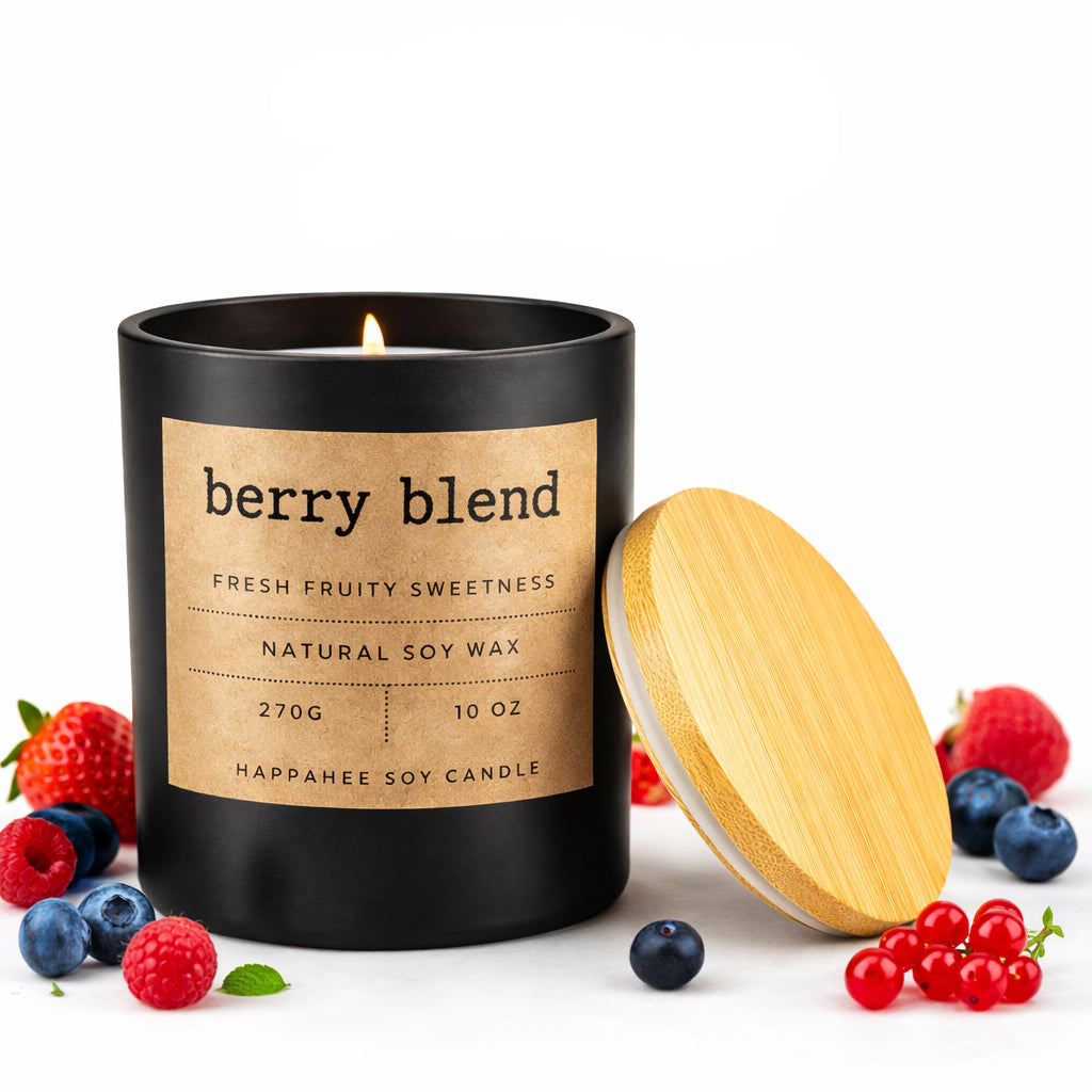 Happahee Berry Blend natural soy wax candle in matte black jar with wooden lid, 270g  10oz, surrounded by mixed berries. копия