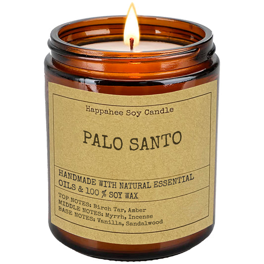 Palo Santo Scented Candle by Happahee Candles - Birch Tar, Amber, Myrrh, Incense, Vanilla, and Sandalwood for a Grounding, Tranquil Experience