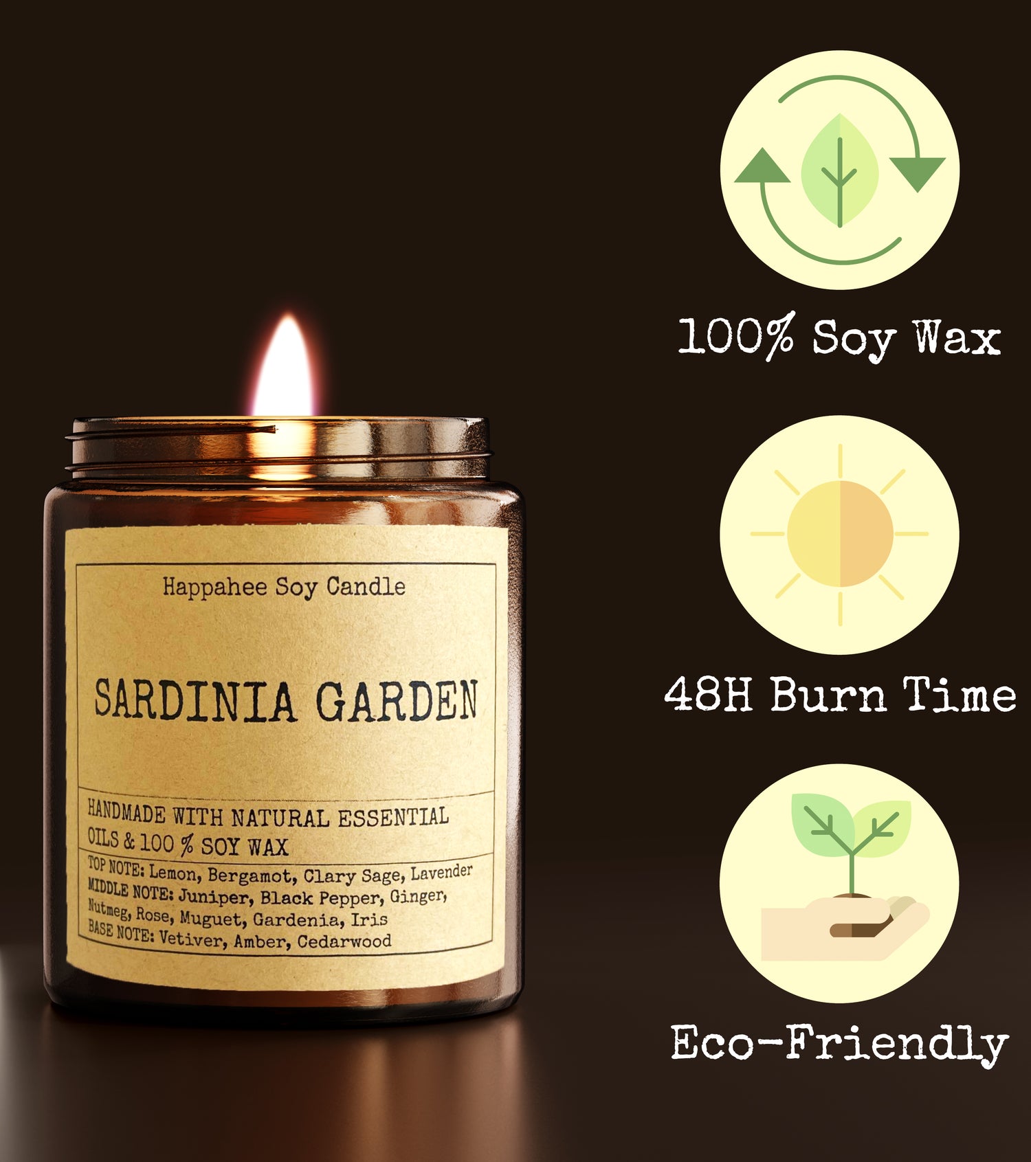 Happahee Soy Candle in Amber Jar Glass - 100% Natural and Eco-Friendly with up to 48 Hours Burn Time.