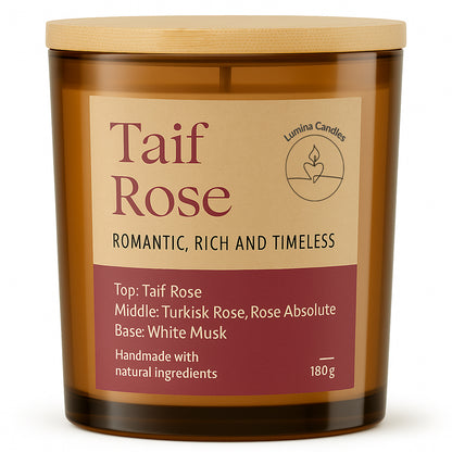 Taif Rose – Soy Candle 180g in Amber Glass Jar (Wooden Lid)