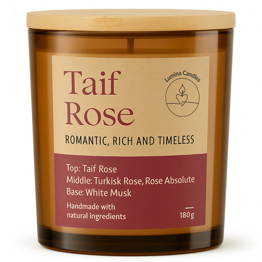 Taif Rose – Soy Candle 180g in Amber Glass Jar (Wooden Lid)