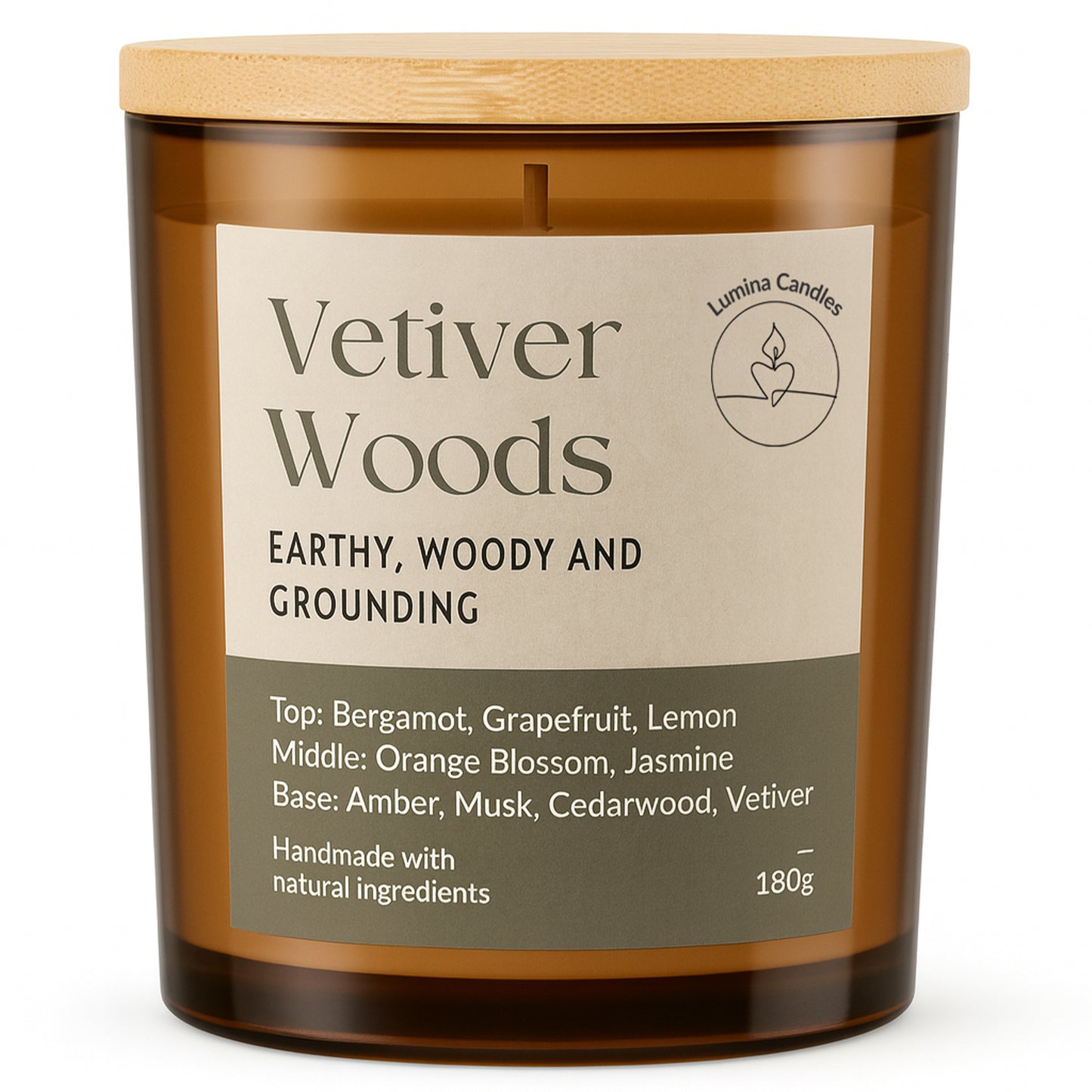 Vetiver Woods – Soy Candle 180g in Amber Glass Jar (Wooden Lid)