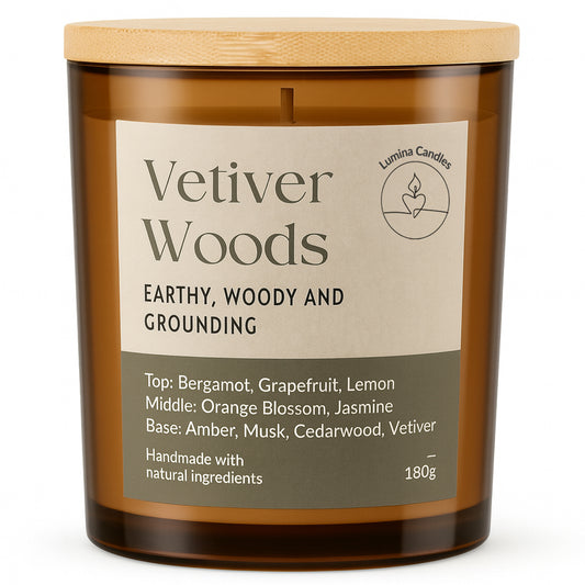 Vetiver Woods – Soy Candle 180g in Amber Glass Jar (Wooden Lid)