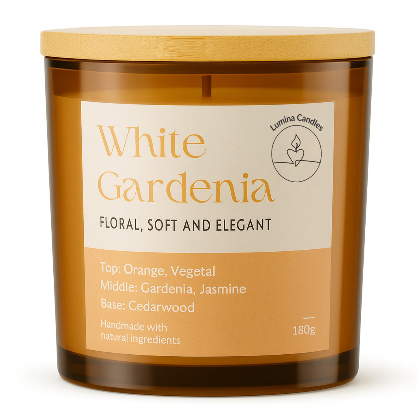 White Gardenia – Soy Candle 180g in Amber Glass Jar (Wooden Lid)