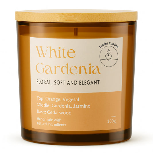 White Gardenia – Soy Candle 180g in Amber Glass Jar (Wooden Lid)