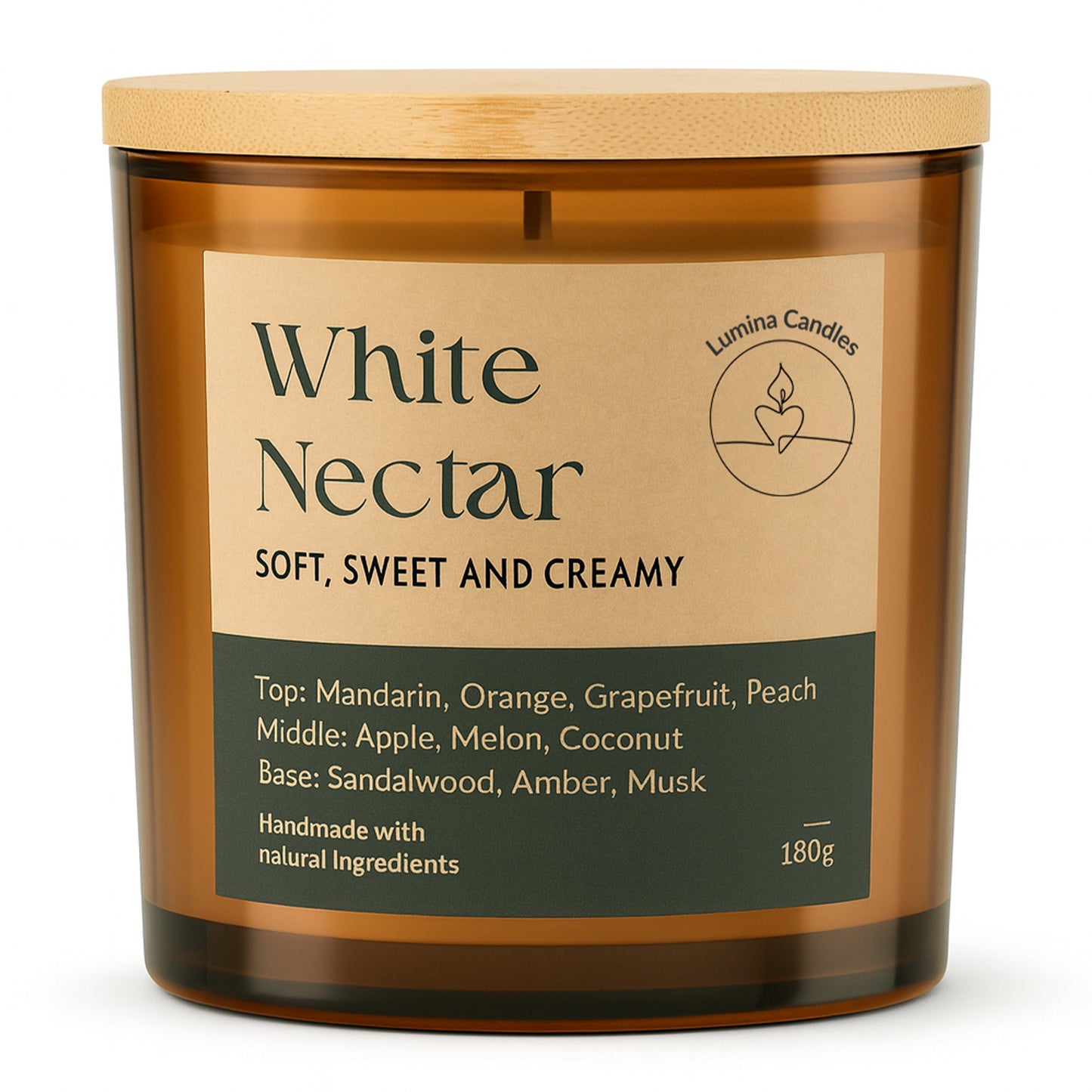 White Nectar – Soy Candle 180g in Amber Glass Jar (Wooden Lid)