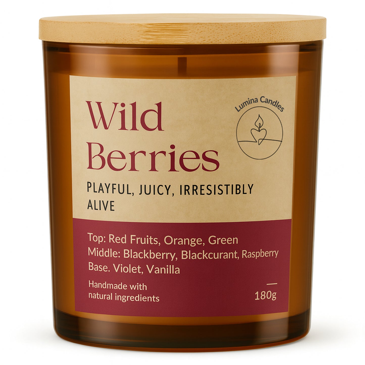 Wild Berries – Soy Candle 180g in Amber Glass Jar (Wooden Lid)