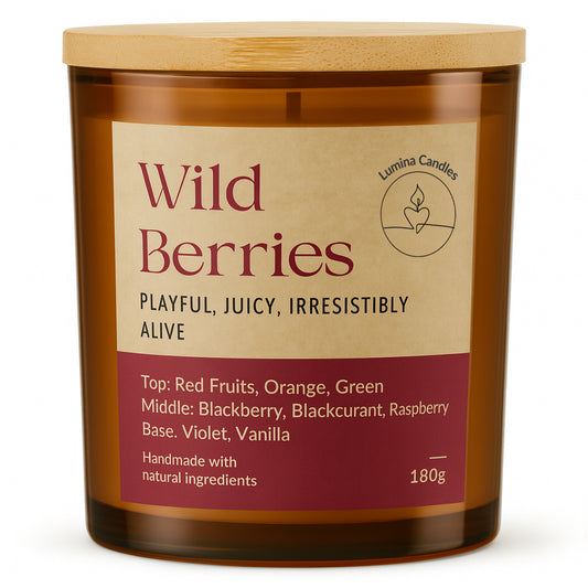 Wild Berries – Soy Candle 180g in Amber Glass Jar (Wooden Lid)