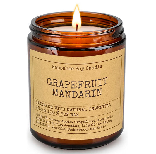 Eco-scented soy candle in amber glass jar with Grapefruit Mandarin fragrance