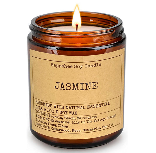 Eco-scented soy candle in amber glass jar with natural fragrances of jasmine, lily of the valley, and vanilla.