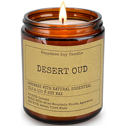 Desert Oud Eco-Scented Soy Candle in Amber Glass Jar - Happahee
