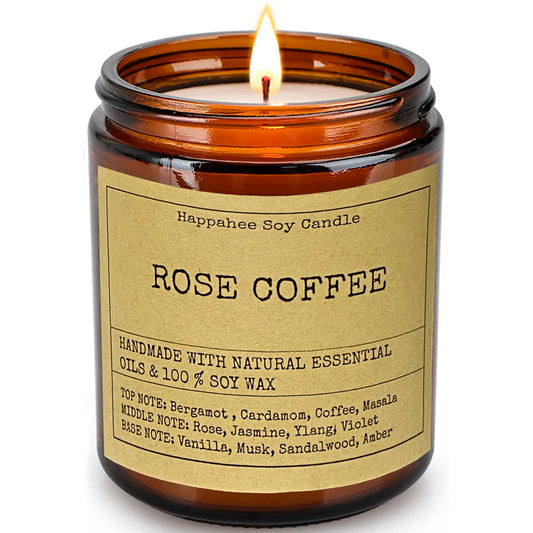 Rose Coffe Eco-Scented Soy Candle in Amber Glass Jar - Handpoured in Dubai, UAE
