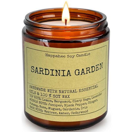 Eco-scented soy candle in amber glass jar with Sardinia Garden fragrance, handpoured in Dubai, UAE.